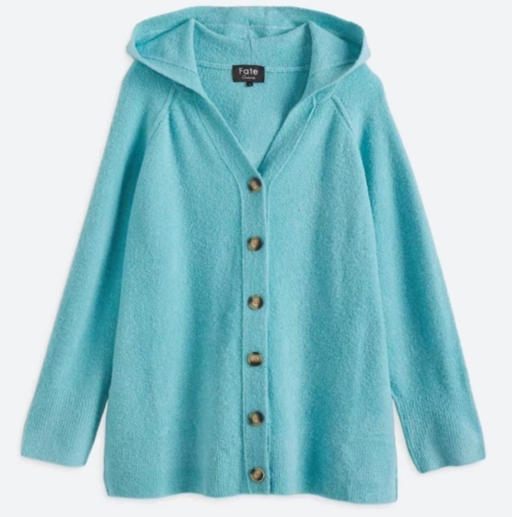 FATE Sweater By Stitch Fix, Hooded Button-Up Wool Blend Cardigan, Light Blue